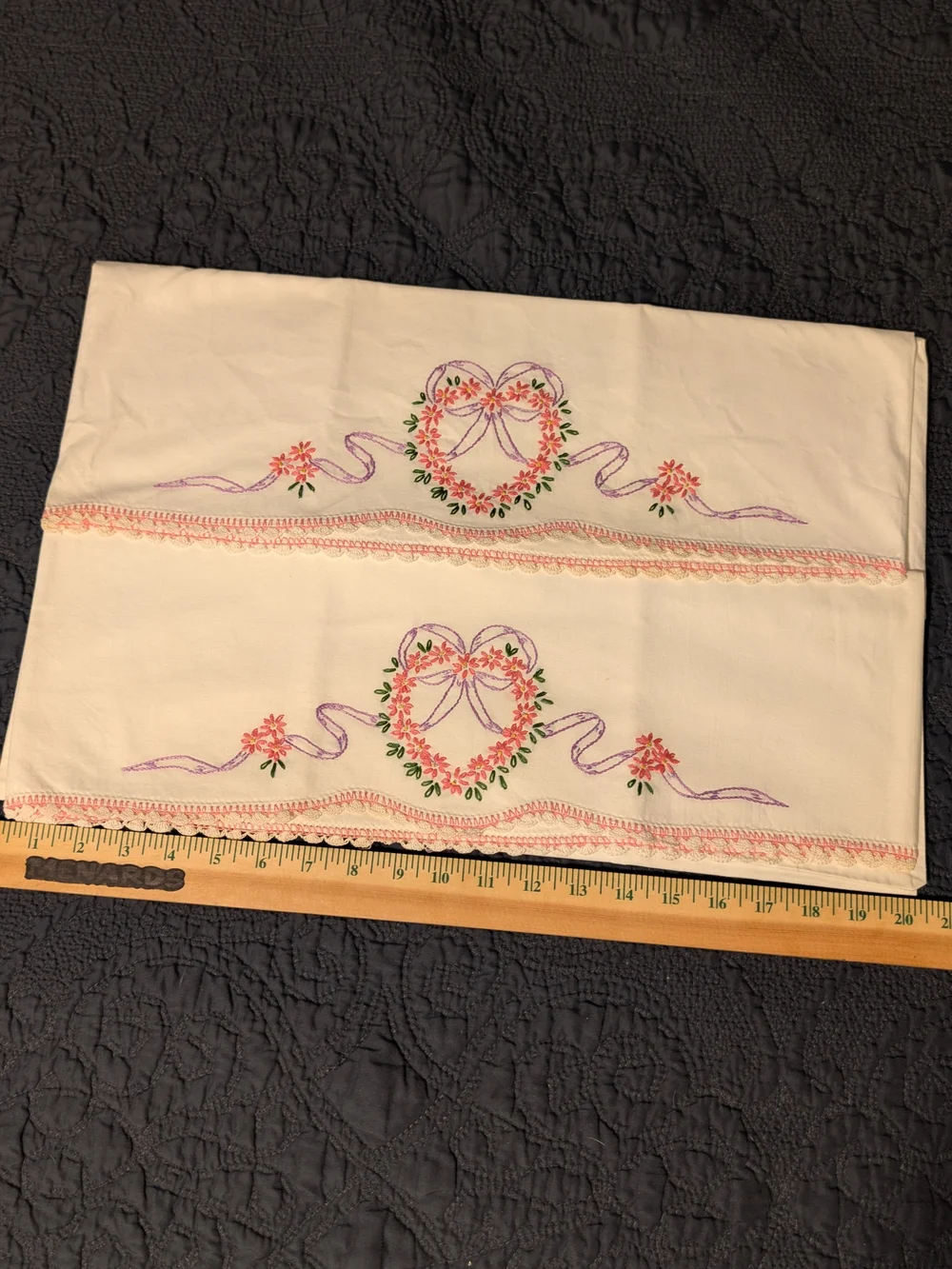 Embroidered Heart Floral Pillowcases - Cream with Pink & Green